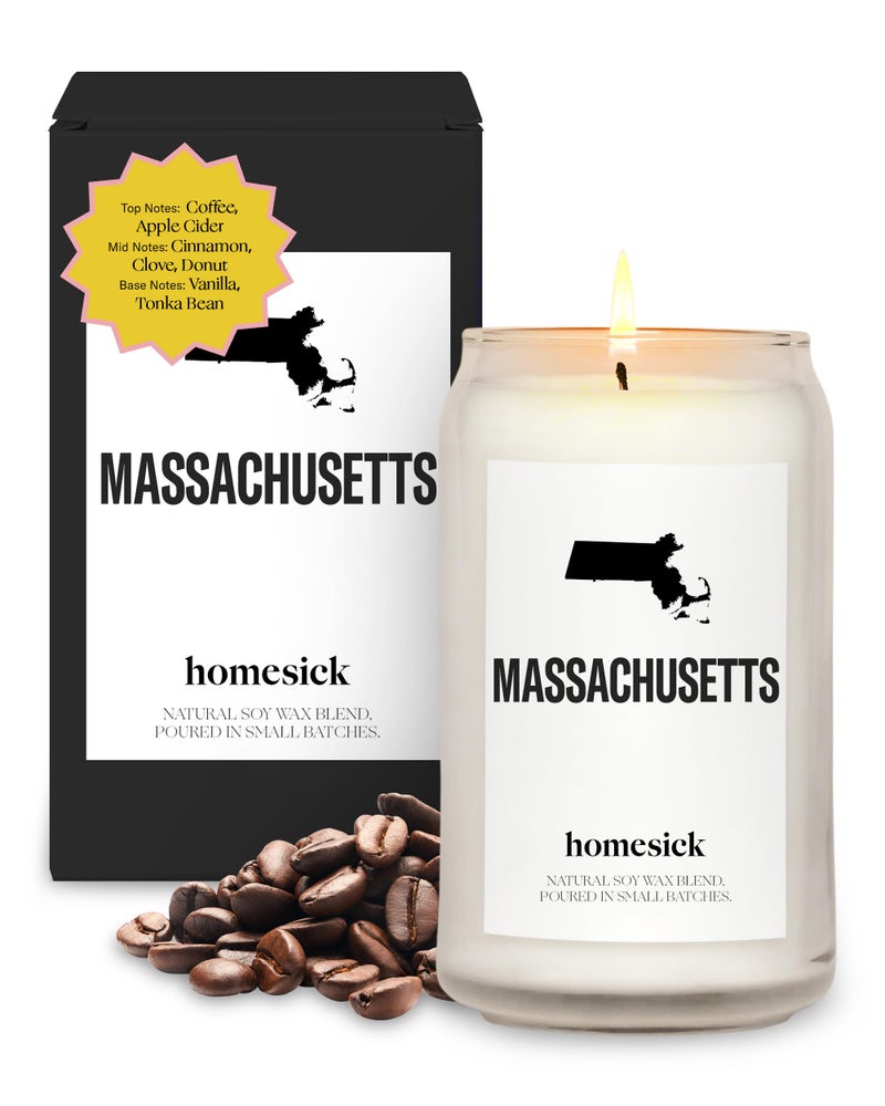 Homesick Scented Candles for Home (Massachusetts) - 13.75 oz Long-Lasting Soy Wax Jar Candle for Women & Men for All Occasions, 60-80 Hours Burn Time - Notes of Coffee & Apple Cider - Image 1